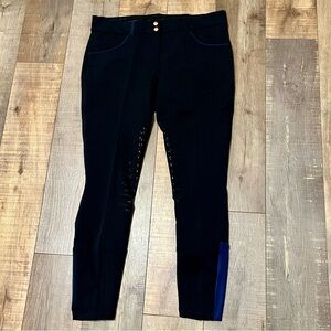 EQUO Equestrian Pants Performance Fit Breech Active Grip Womens Sz 34 Black Blue